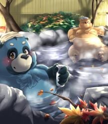 2022 absurd_res anthro balls bathing belly big_belly black_nose blue_body blush brown_body canid canine detailed_background duo flaccid genitals hi_res humanoid_hands kemono male mammal outside overweight overweight_male penis raccoon_dog sitting steam tanuki tolsche towel towel_on_head ursid