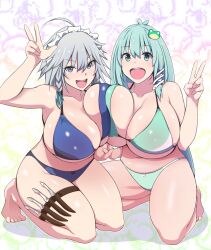 2girls alternate_breast_size asymmetrical_docking big_breasts bikini blush breasts female female_only green_hair large_breasts long_hair maid maid_headdress otoufu_(wddkq314band) peace_sign sakuya_izayoi sanae_kochiya short_hair silver_hair smile swimsuit tagme touhou yuri