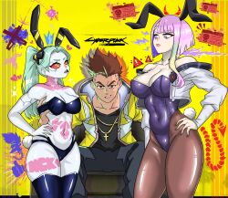 1boy 2girls big_ass big_breasts bunny_ears bunnysuit catfight cd_projekt_red cyberpunk:_edgerunners cyberpunk_2077 david_martinez_(edgerunners) female female_focus light-skinned_female lucyna_kushinada netflix rebecca_(edgerunners) staredown studio_trigger thick_thighs troymaheza