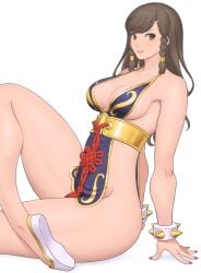 1girls alternate_costume black_dress bracelet capcom chun-li chun-li_(battle_ouffit_sfv) female female_only inviting long_hair looking_at_viewer nopan official_alternate_costume shigenobu shoes sitting smile solo street_fighter street_fighter_v thick_thighs