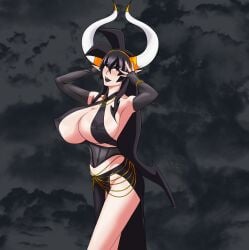 black_hair blush dark_hair demon_girl demon_horns dress huge_breasts lipstick mai_(supernova) makeup supernova_(artist)