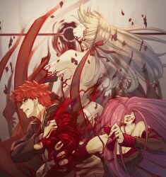 1boy 2girls artist_request ass ass_focus blood dark_sakura emiya_shirou fate/stay_night fate_(series) matou_sakura medusa_(fate) nude nude_female pink_hair purple_hair red_hair ribbon sideboob tagme white_hair