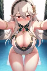 1girls ai_generated armpits bare_thighs blush cleavage corrin_(fire_emblem) corrin_(fire_emblem)_(female) defyak12 female female_only fire_emblem fire_emblem_fates grey_hair hug incoming_hug large_breasts long_hair looking_at_viewer nai_diffusion nintendo pointy_ears pov pov_hug red_eyes see-through smile solo stable_diffusion thighs water wet wholesome