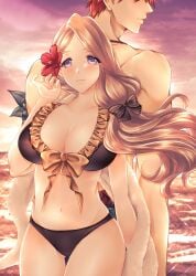 1boy 1girls alternate_breast_size alternate_costume asa_(asakisafe1) ass_visible_through_thighs back_view bare_thighs big_breasts bikini black_bikini black_swimsuit blonde_hair blue_eyes breasts brown_bikini brown_hair brown_swimsuit female female_focus fire_emblem fire_emblem:_three_houses fire_emblem_heroes flower hair_flower large_breasts long_hair looking_back male mercedes_von_martritz mercedes_von_martritz_(summer) muscular muscular_male nintendo official_alternate_costume orange_hair outdoors short_hair side_ponytail solo_focus sunset swimsuit sylvain_jose_gautier sylvain_jose_gautier_(summer) thick_thighs thighs