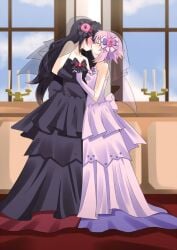 2girls black_dress black_hair blush breasts bridal_veil bride bride_and_bride candles closed_eyes clouds dress female_only flower_in_hair gloves holding_hands kissing lesbian_wedding long_hair lowres multiple_girls neptune_(neptunia) neptunia_(series) noire pink_hair short_hair sky small_breasts veil wedding_dress wedding_veil wife_and_wife window yuri yuri_wedding yuries