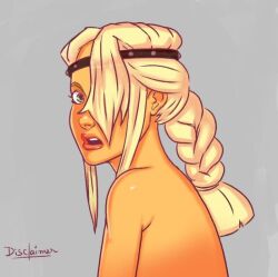 1girls astrid_hofferson bangs bangs_over_eyes blonde_hair blue_eyes braid braided_hair braids disclaimer dreamworks female female_focus female_only hairband how_to_train_your_dragon light-skinned_female light_skin nude nude_female open_mouth solo solo_female topless topless_female