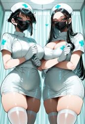 2girls adjusting_clothes adjusting_gloves ai_generated black_hair blue_eyes breasts curvy eyelashes face_mask facemask from_below gloves hat heart kafun large_breasts latex latex_gloves long_hair looking_at_viewer mask mouth_mask multiple_girls nurse nurse_cap original original_characters pantyhose short_hair skindentation skull surgical_light surgical_mask thick_thighs thighhighs thighs white_gloves white_legwear wide_hips zettai_ryouiki