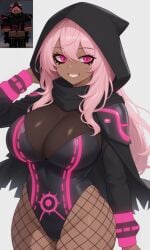 armor big_breasts cape dark_skin fishnets glowing hoodie knightnyan leotard pink_eyes pink_hair roblox scarf smile white_background