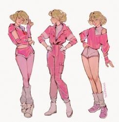 arcee arcee_(g1) blonde_female blonde_hair blonde_hair clothed clothes clothing gijinka hips hoodie humanformers jacket pants pink_clothing short_pants shoulders sleeveless sleeveless_jacket thighs transformers transformers_g1 tummy unbuttoned unbuttoned_shirt