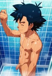 1boy ai_generated ash_ketchum male_only naked nipples penis running_water satoshi_(pokemon) shower smile soft_penis steam wet wet_body