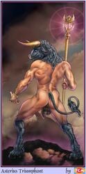 1boy ass asterion asterius back balls bovine bull froederich_myson greek_mythology hooves horns looking_at_viewer male male_only minotaur monster_boy penis solo staff tail