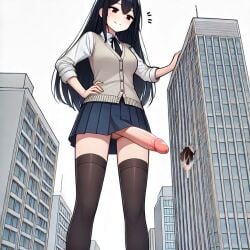 ai_generated big_penis black_hair building building_destruction building_penetration building_sex city city_destruction cum cum_drip destruction futa_only futadom futanari giantess hand_on_hip huge_cock light-skinned_futanari light_skin long_hair penis shemale skirt skirt_lift smug smug_face spalela thigh_socks