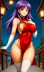 ai_generated anime babe beautiful beautiful_females big_breasts big_thighs braid braided_hair bridge busty_female china_dress chinese_clothes curvy cute dress female forest_background green_eyes green_eyes_female happy_new_year himenogi_shizuka japanese lantern nature new_year night night_sky purple_hair red_dress sexy shin_angel smiling_at_viewer solo stable_diffusion stockings toongenai trees white_stockings wood wooden_post