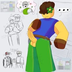 3boys age_difference block_tales blocky_body blush color erection gay griefer_(block_tales) heart mayor_thaniyel_(block_tales) no_penetration older_male original_character penis penis_out roblox robloxian self_upload shaded sketch_page sweatdrop thigh_sex tussletux yaoi