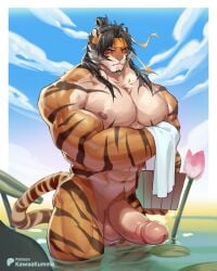 1boy abs animal_ears animal_print arknights bara beard biceps black_hair blush border bucket bulge chest_hair cloth erection facial_hair flower furry furry_male headband highres huai_tianpei_(arknights) japanese_clothes kawaakumma large_pectorals lily_pad looking_at_viewer lotus male_focus male_underwear mature_male muscular muscular_male navel nipples patreon_logo patreon_username pectoral_cleavage pectorals penis pubic_hair solo standing stomach tail thick_arms thick_thighs thighs tiger_boy tiger_ears tiger_print topless_male uncensored underwear wading water wet wet_clothes wet_male_underwear white_border wooden_bucket yellow_eyes