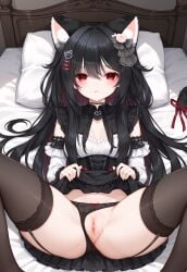 ai_generated bed black_hair cat_ears catgirl hair_ornament inkapurinka koicorp long_hair on_back panties_aside pussy pussy_juice red_eyes skirt_lift spread_legs thick_thighs vtuber