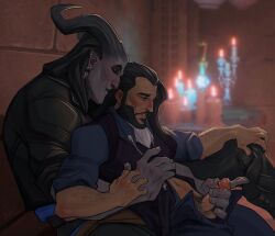 2boys cuddling_handjob dragon_age dragon_age_the_veilguard handjob juliyatoxi lucanis_dellamorte precum qunari rook_(dragon_age) yaoi