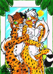 2007 anthro breast_fondling breast_grab breast_squeeze breasts brown_hair cheetah chest_tuft claws clitoris couple feline female fondling from_behind fur furry green_eyes grope hair hug inuki leopard long_hair pounce pubic_tuft pussy short_hair spots standing tail tail_sex white_hair yuri