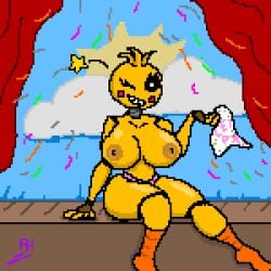 animatronic avian bib big_breasts bird breasts canary clothing confetti exposed_breasts female finch five_nights_at_freddy's five_nights_at_freddy's_2 flashing looking_at_viewer machine nipples one_eye_closed oscine passerine pixelh robot scottgames sitting smile solo stage thick_thighs thong toy_chica_(fnaf) underwear wink winking_at_viewer yellow_body