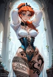 1girls 2d ai_generated ai_sensuality anna_(frozen) blacked blue_eyes breasts corset crown frozen_(film) frozen_2 ginger ginger_hair hair_bun light-skinned_female long_hair medium_ass medium_breasts midriff princess queen_of_spades solo_female tattoos wide_hips