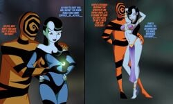 bare_legs barefoot batman_beyond before_and_after bikini black_hair black_lipstick blue_skin dc_comics deltathelion feet femsub harem_outfit hypnotic_light inque large_breasts legs maledom midriff spellbinder text