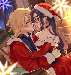 1boy 1girls albedo_(genshin_impact) bare_shoulders blonde_hair blonde_hair_male christmas christmas_outfit cleavage face-to-face female genshin_impact long_hair male male/female mona_(genshin_impact) on_lap santa_costume santa_dress santa_hat sitting_on_lap straight strapless_dress winter