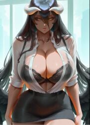 1girls albedo_(overlord) black_hair closed_eyes cutesexyrobutts_(style) demon_girl demon_horns fingerless_gloves large_breasts long_hair overlord_(maruyama) stockings succubus transparent_clothing undressing voluptuous white_legwear