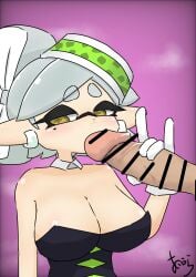 1boy 1girls aiura_chan breasts cleavage earrings fellatio hair_ornament inkling inkling_girl large_breasts marie_(splatoon) mole mole_under_eye nintendo penis pointy_ears splatoon tentacle_hair