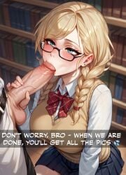 ai_generated big_breasts big_dick big_penis blonde_female blowjob caption cuck cuckold cuckold_pov glasses handjob library ntr snapchat