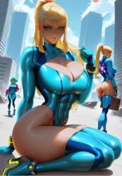 ai_generated ass bimbo blonde_hair blue_eyes blue_leotard breasts buildings high_heels highleg highleg_leotard large_breasts leotard looking_at_viewer metroid nintendo outside ponytail rocket_heels samus_aran thighhighs zero_suit_samus