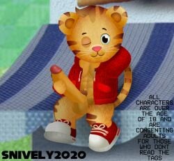 1boy 2020s 2025 abs accurate_art_style aged_up anthro big_penis cub daniel_tiger's_neighborhood daniel_tiger_(character) gay hair_tuft half_clothed half_naked hoodie male male_cub male_only masturbation non-human non-human_only outdoors outside outside_masturbation pbskids penis red_shoes semi_clothed semi_nude sitting_on_roof snively2020 solo solo_male tiger toony unzipped_hoodie winking winking_at_viewer young