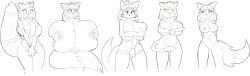 absurd_res anthro areola areola_slip big_breasts blush breasts cactuscacti canid canine covering covering_self felid feline female fluffy fluffy_tail fox genitals gloria_(cactuscacti) group hi_res huge_breasts jessica_(cactuscacti) looking_at_another looking_at_viewer mammal natty_(cactuscacti) nipples petra_(cactuscacti) procyonid pussy raccoon simple_background tail