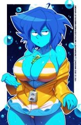 2d 2girls alien alternate_version_available big_breasts bikini blue_hair blue_skin breasts curvy curvy_figure female female_only giantess girls glasses green_skin lapis_lazuli_(steven_universe) lewdssonk peridot_(steven_universe) ravenravenraven solo_female steven_universe swimsuit tagme