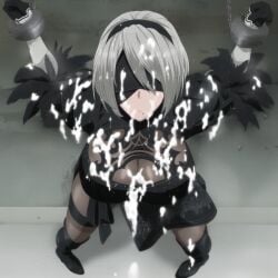 ai_generated blindfold chained covered_in_cum dress from_above large_breasts nier:_automata nier_(series) wall white_hair yorha_2b