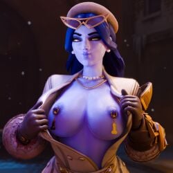 1girls 3d dom3d exhibitionism flashing flashing_breasts overwatch overwatch_2 solo tagme widowmaker