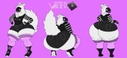 big_tail blush booties boy fluffy jean_shorts protogen reference_sheet roblox roblox_avatar smug thigh_high_socks white_fur