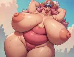 ai_generated bbw big_areolas big_belly big_breasts big_mom big_nipples charlotte_linlin double_chin female female_only female_pirate gilf grandmother granny huge_breasts long_hair love_handles matronai_(artist) one_piece overweight overweight_female pink_hair pirate pirate_hat posing posing_for_picture posing_for_the_viewer red_lipstick sagging_breasts saggy_breasts solo solo_female sweating sweating_female thick_ass thick_thighs