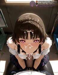 1boy :>= ai_generated atlus bare_shoulders blush braid breasts brown_hair censored clothed_sex crown_braid cum cum_in_mouth cum_on_hair cum_overflow dark-skinned_male dark_skin ejaculation erection facial fellatio female fisheye from_above heart heart-shaped_pupils indoors interracial kneeling looking_at_viewer makoto_niijima male_pubic_hair meitabuu niijima_makoto off-shoulder_shirt off_shoulder oral pantyhose penis persona persona_5 plaid plaid_skirt pleated_skirt pov pov_crotch pubic_hair red_eyes saliva shirt short_hair skirt solo_focus straight sweat symbol-shaped_pupils uncensored veins veiny_penis white_shirt