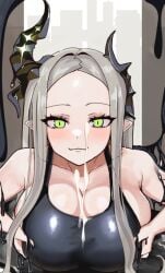 1girls big_breasts black_goo black_topwear cum cum_on_breasts cumshot cute cute_face dildo ejaculating_cum ejaculation ejaculation_between_breasts female female_focus female_only goddess_of_victory:_nikke goo gray_hair green_eyes horn horns huge_breasts leviathan_(nikke) long_hair looking_at_viewer paizuri paizuri_under_clothes penis penis_vein phallic_symbol pov pov_eye_contact pov_male pov_paizuri slime smiling smiling_at_viewer smug smug_face solo solo_focus tagme tagme_(artist) tattoo veiny_penis watai_kasumi_(artist) white_hair