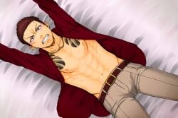 1boy abs ai_ni_arazu arms_up belt big_areola clenched_teeth clothed collarbone forced grey_pants hi_res humiliation looking_at_viewer lying lying_on_back lying_on_bed male male_only manly mature_male muscles muscular navel necklace offscreen_male open_clothes open_legs open_mouth pecs pink_areola red_eyes red_hair red_shirt restrained restrained_arms restrained_legs sanpaku scar scar_on_face scar_under_eye sharp_teeth short_hair six_pack small_pupils stare sweat sweatdrop takashi_akano_(fukusa) tattoo tattoo_on_chest tetsuji_akanegakubo tough_guy yakuza_tattoo yaoi