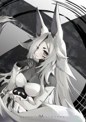 animal_ears artist_name blue_eyes breasts cleavage closed_mouth dya_rikku_(vtuber) facial_mark female forehead_mark grey_eyes large_breasts long_hair looking_at_viewer smile solo thick_eyebrows upper_body very_long_hair virtual_youtuber vyugen white_eyes white_hair