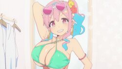 1girls animated arm_up armpits bikini bouncing_breasts breasts cleavage flower hozuki_kaede huge_breasts official_art onii-chan_wa_oshimai! solo sunglasses sunglasses_on_head upper_body