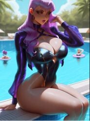 ,evelynn ,outdoors ,pool ,purple_hair, ,sleeves, ,tagme ,wide_hips big_ass from_behind k/da_all_out_evelynn, k/da_all_out_series, league_of_legends, long_nails sitting swimsuit