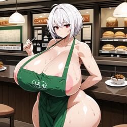 ai_generated annoyed annoyed_expression barista huge_ass huge_breasts huge_nipples oil oiled oiled_skin shiny_skin white_hair