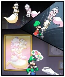 boo_(mario) boo_mushroom chabble comic ghost ghost_girl ghost_nipples ghost_tail luigi luigi's_mansion mario_(series) nintendo no_text painting poltergust polterpup post_transformation princess_daisy princess_peach vaccum white_body white_hair