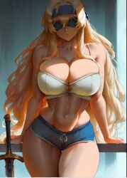 1girls ai_generated belly_button big_breasts blindfold blonde_hair curvy curvy_figure female female_only goblin_slayer large_breasts long_hair midriff panties solo solo_female sword_maiden_(goblin_slayer) thick thick_thighs voluptuous