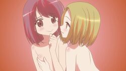 2girls animated animated blonde_hair blush brown_hair closed_mouth completely_nude eye_contact grabbing_another's_breast groping looking_at_another medium_hair mototsune_rena multiple_girls nude open_mouth red_background red_hair shinohayu_the_dawn_of_age shiratsuki_shino upper_body yuri