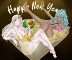 2girls bathing bikini dark-skinned_female dark_skin fire_emblem fire_emblem_heroes grey_hair gullveig_(fire_emblem) happy_new_year igni_tion large_breasts nidhoggr_(fire_emblem) nintendo open_mouth pale-skinned_female pale_skin red_eyes redkite swimsuit teal_hair thick_thighs thighs tongue tongue_out yellow_eyes