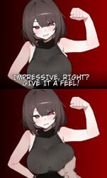 1boy 2koma ai_assisted ai_generated blush breast_grab breasts brown_hair comic female flexing frown go_on_feel_it_(meme) grabbing_breasts gradient_background groping groping_breasts large_breasts looking_at_viewer looking_down meme nipples nipples_visible_through_clothing open_mouth pov pov_hands red_eyes skindentation smile stable_diffusion text