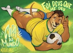 2025 absurd_res anthro ass ball barazoku big_butt big_muscles bottomless bottomless_anthro bottomless_male brazil brazilian_flag canid canine canis claws clothed clothing domestic_dog flag flag_background footwear hair hi_res jersey knee_highs knee_socks legwear looking_at_viewer lying male mammal marlon.cores muscular muscular_anthro muscular_male on_front portuguese_text shirt signature simple_background smile soccer soccer_ball socks solo sport sportswear text thick_thighs topwear translation_request